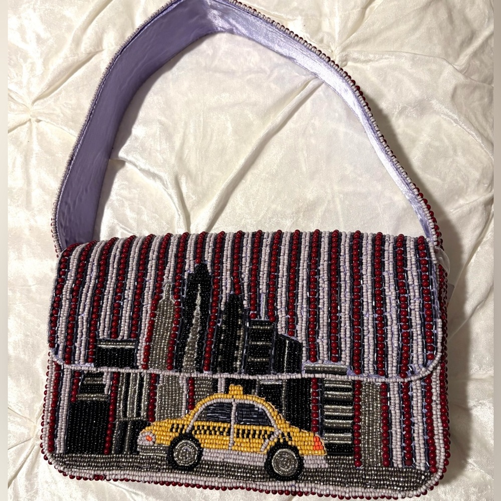 Beaded Cityscape Shoulder Bag in Red, Black & Yellow